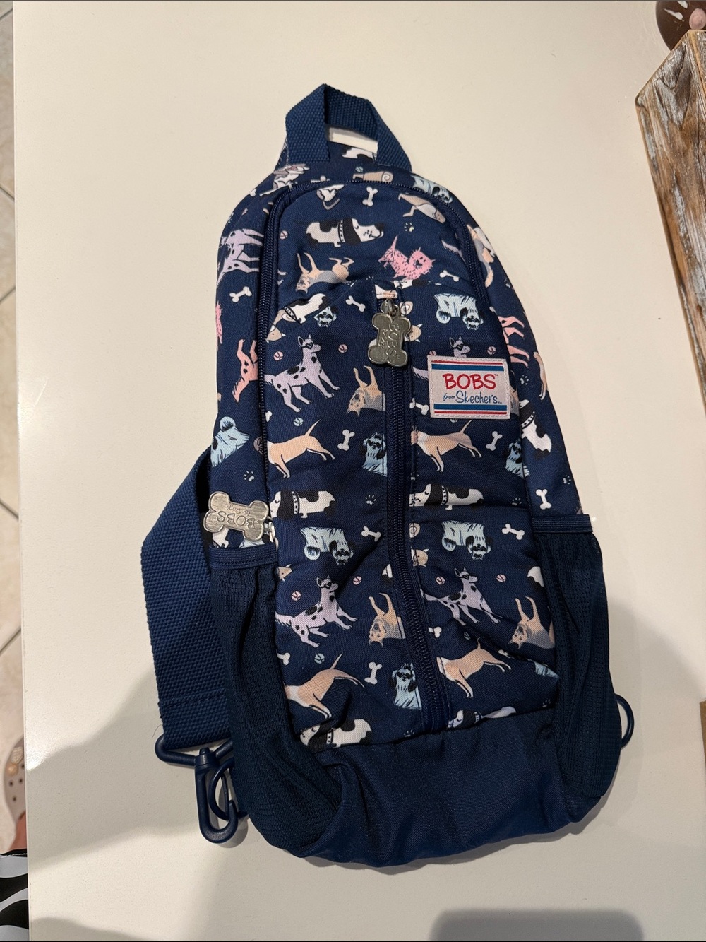 BOBS from Skechers Navy Kids Sling Backpack with Dog Print. Never used.